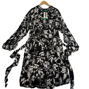 Well Worn Womens XL Black White Floral Button Front Shirt Dress Long Sleeve NEW